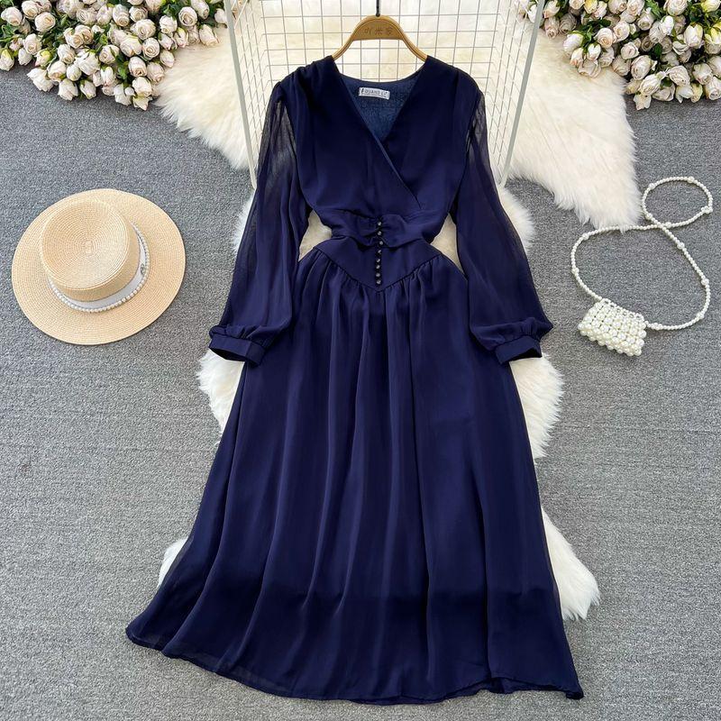 

Spring and Autumn French Tea Break First Date Bubble Chiffon Dress Dark blue All yards