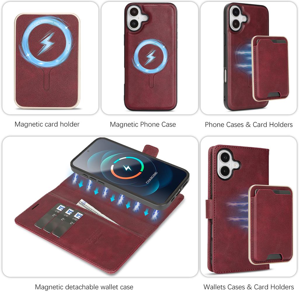3 in 1 Detachable Magnetic Wallet Leather Case For iphone 16 Pro Max 15 Plus 13 12 16E Cash Cards Holder Bag For Magsafe Cover