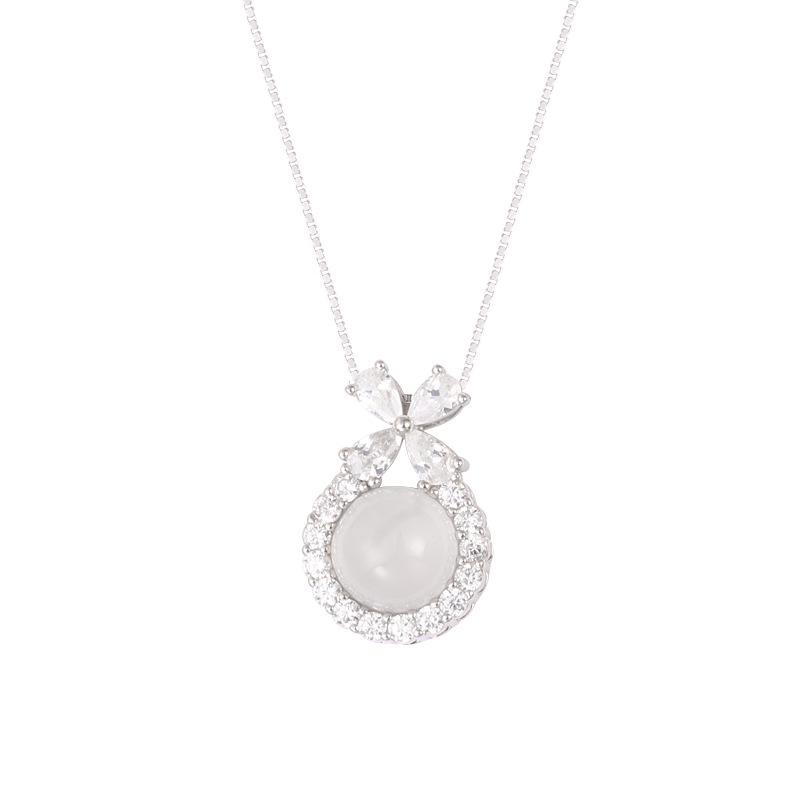 Exquisite S925 Sterling Silver Bowknot & Diamond Necklace with White Chalcedony
