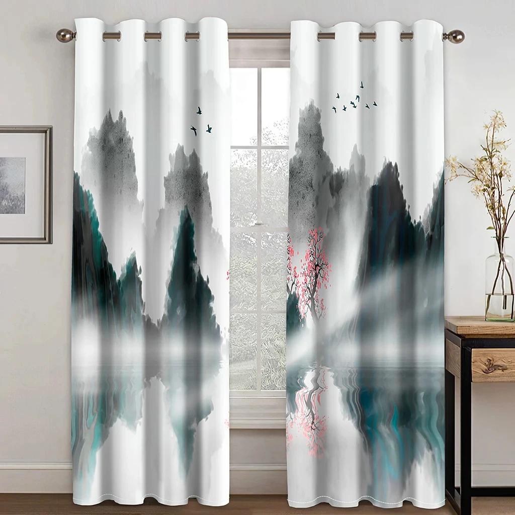 Japanese Style Chinese Painting Landscape Cloud High Shading Curtain for Bedroom Living Room Hotel Window 2 Pcs Blackout Drape