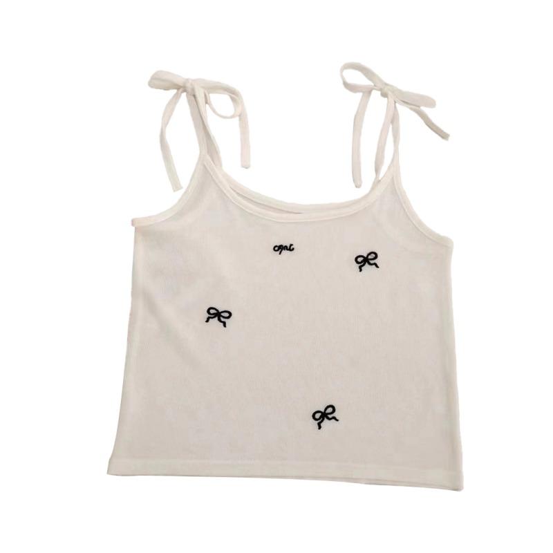 Damen Strick-Camisole mit Schleifenstickerei, schmales, süßes bauchfreies Top