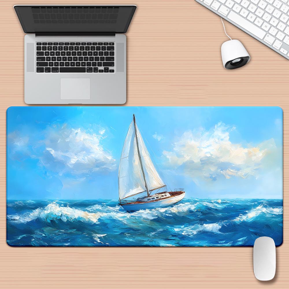 Sea Sailing Pattern Desk Mat Large Gaming Mouse Pad Nonslip Rubber Base Stitched Edge Keyboard Pads PC Tablet for Office Decor
