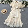 Elegant Short-Sleeve Floral Embroidered Dress for Women Vintage Turn Down Collar Belt Slim A-line Long Maxi Dress