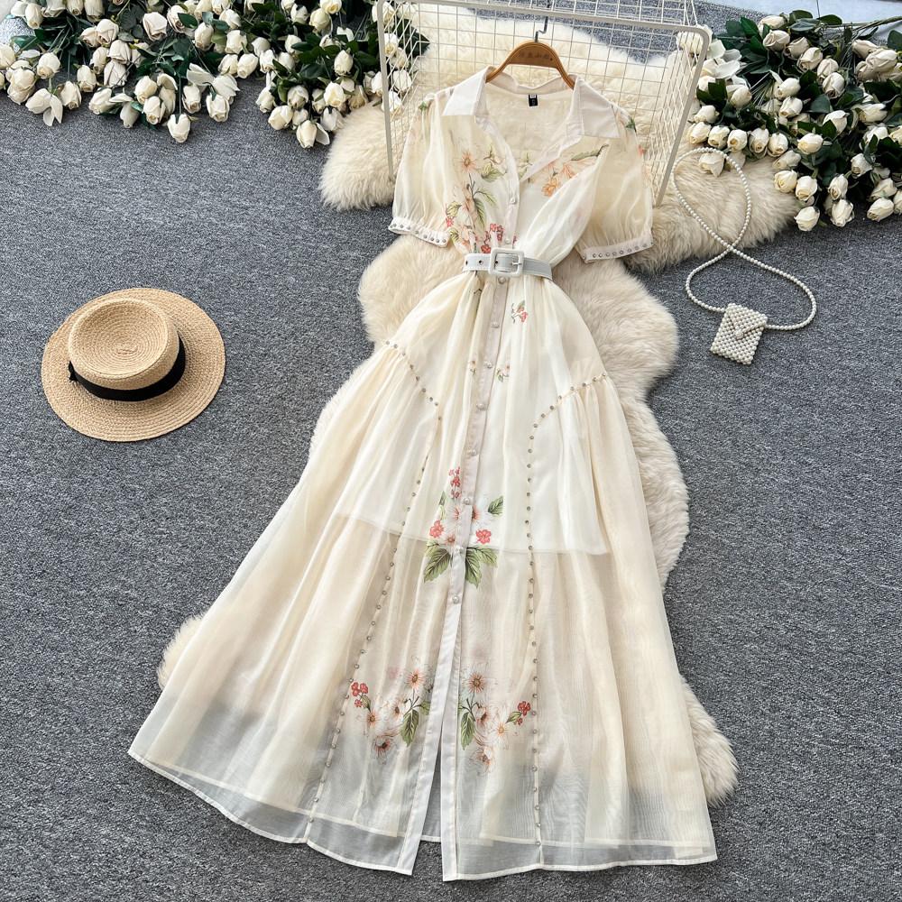 Elegant Short-Sleeve Floral Embroidered Dress for Women Vintage Turn Down Collar Belt Slim A-line Long Maxi Dress