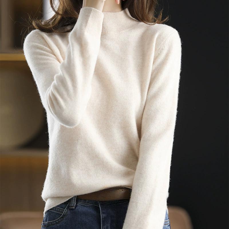 Half High Neck Fashionable Versatile Knitted Sweater for Women, Autumn and Winter Short Style Pullover, Solid Color Loose Sweater Base