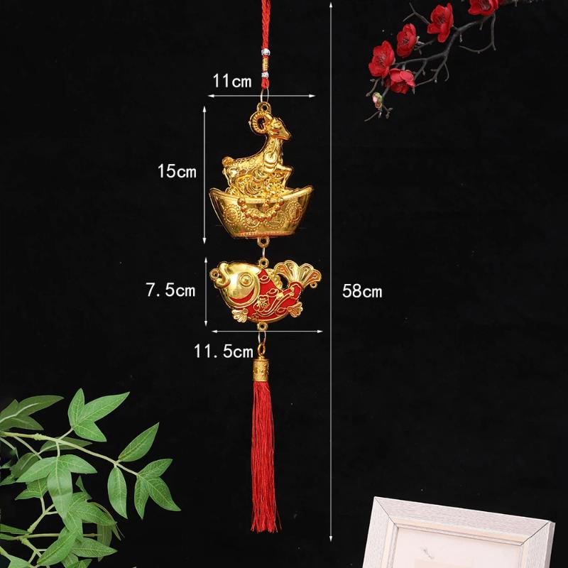 1PcsChinese New Year Golden Goat Hanging Decorations With Lucky Fu Elements Red Tassels For Spring Festival Home Wall Car Decor