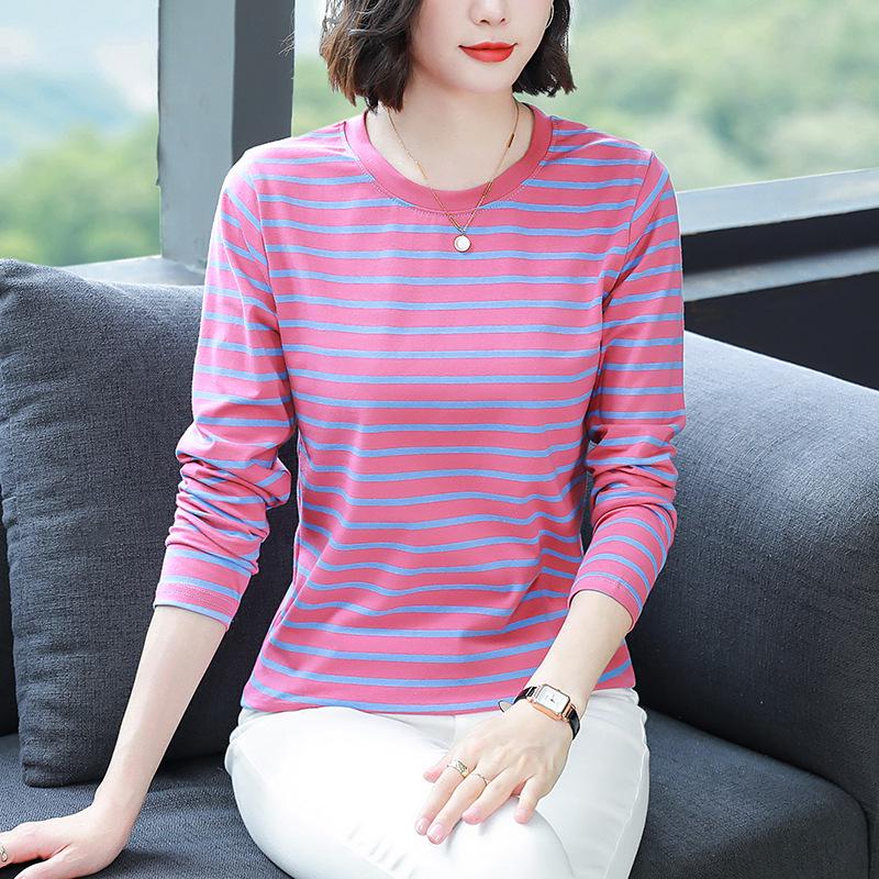 Plus Size Loose-Fit Cotton Striped Long-Sleeve T-Shirt for Middle-Aged & Elderly Women
