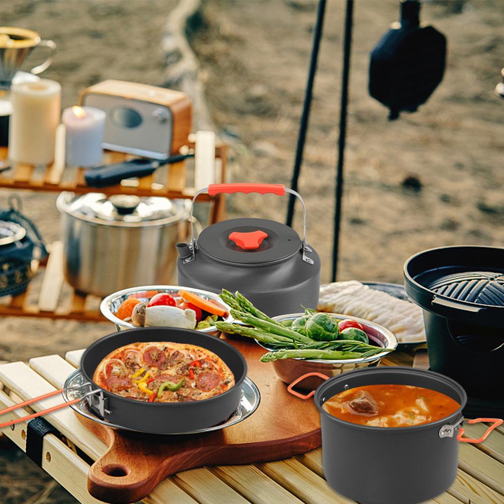 Camping kokekar rotsett Aluminiumslegering grytepanne dampbrett og vannkoker med grytetrekk