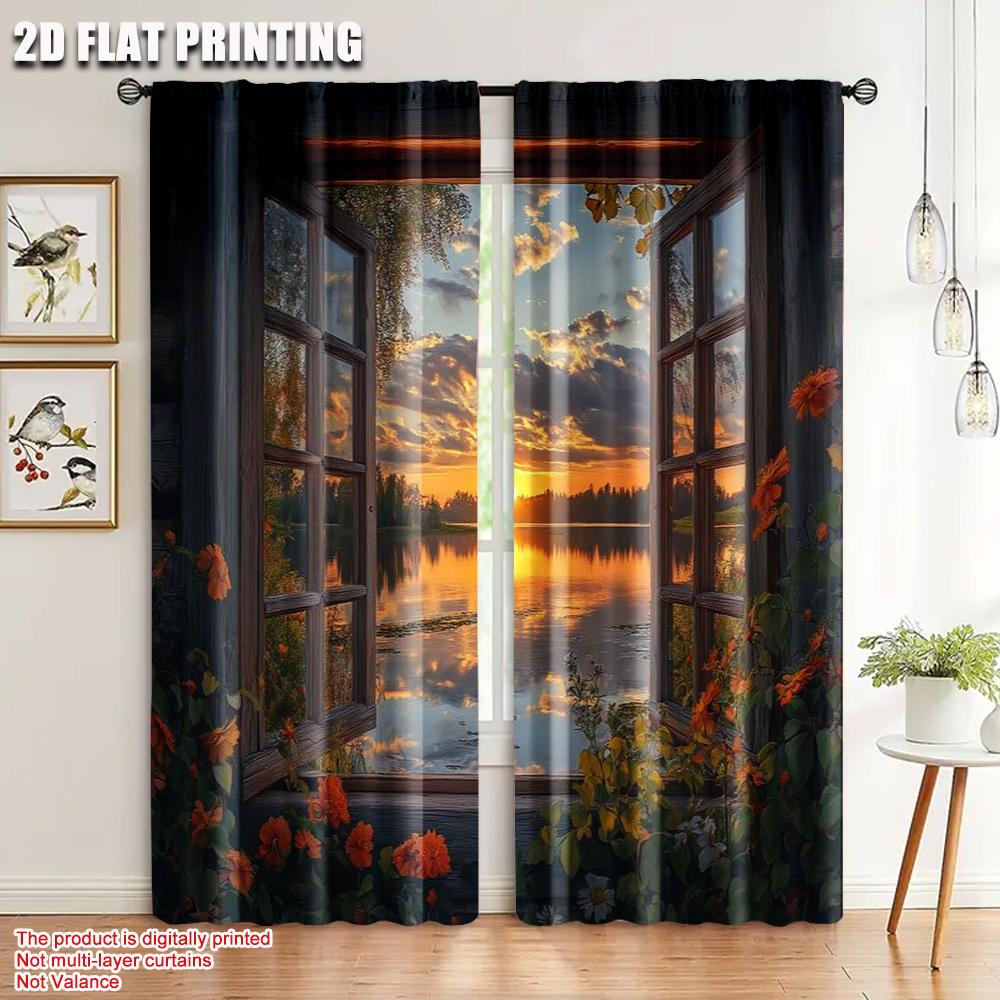 

2pcs 2D flat printing Scene Curtains Country Style Quiet Lake View Machine Washable Polyester Without Electricity Birthday Party 100*130 Rod Pocket 1pcs