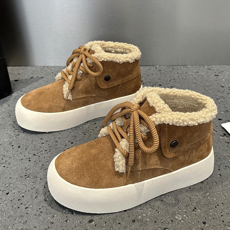 

Женские ретро-ботинки из коровьей кожи с высоким голенищем 2025 года - Теплый вельвет, Толстая подошва, Круглый носок, Осенне-зимние повседневные хлопковые ботинки. 36 верблюд