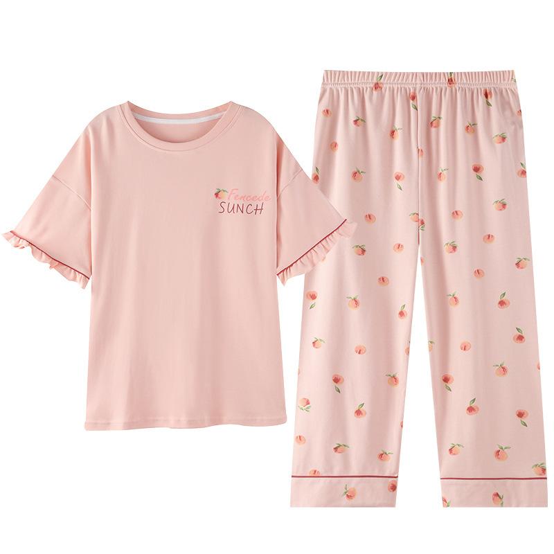 Sommerpyjamas aus Baumwolle, Heimkleidung für Damen, Rundhalspullover, lässig, bequem, Neun-Hosen-Pyjama-Set