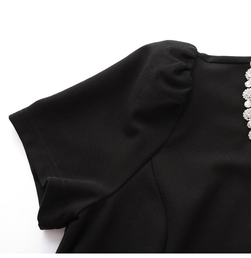 High-Quality Socialite Style Rhinestone-Inlaid Faux Two-Piece Slim-Fit Dress for Spring/Summer