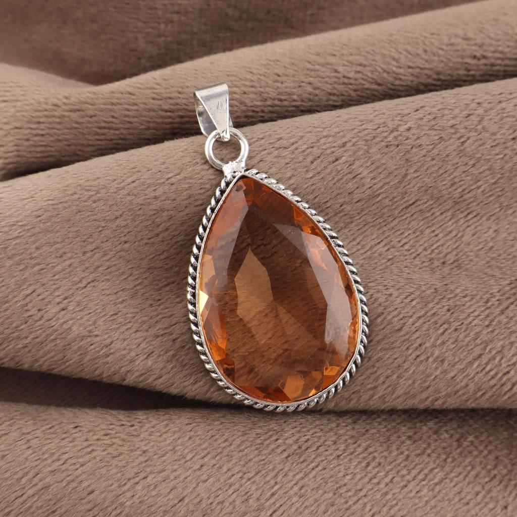 Champagne Quartz Gemstone Silver Women Pendant 1.8" , 925 Sterling Silver Jewelry, Orange Color Stone Pendant For Love PP-65-12