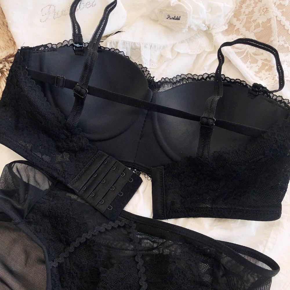 Sexy Lace Flowers Embroidery Underwear Set for Women Comfort Thicken Cup Push Up Bra Detachable Strap Top Bralette Lingerie Sets