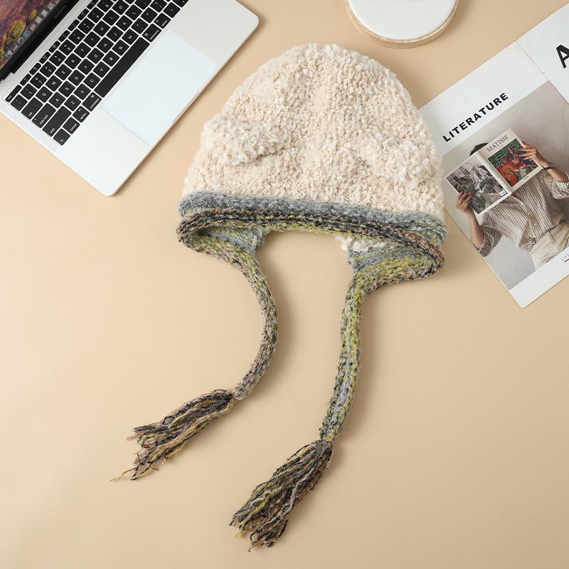 

Зимняя шапка женская с милыми кошачьими ушками, с большими полями, для маленького лица, плюшевая теплая шапка, универсальная шерстяная шапка с бахромой One Size