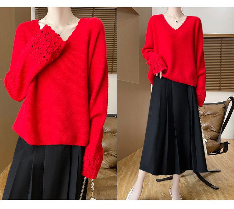 Women's 100% Pure Wool V-Neck Lace Long Sleeve Loose Sweater - Autumn/Winter 2025 Collection