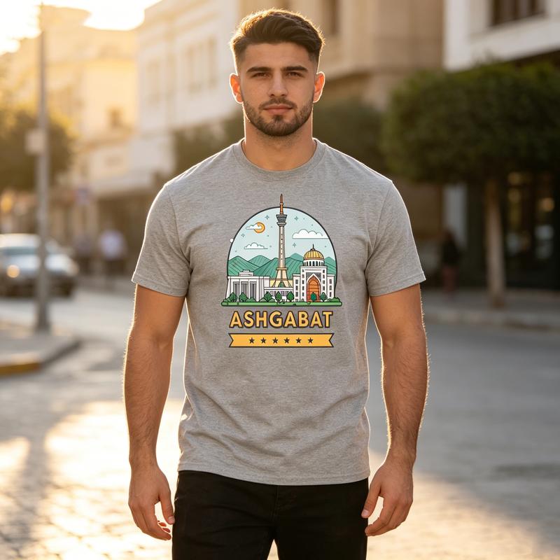 Ashgabat City Landscape Graphic T Shirt Travel Souvenir Badge Print Unisex Soft Cotton Crew Neck Short Sleeve Casual Top