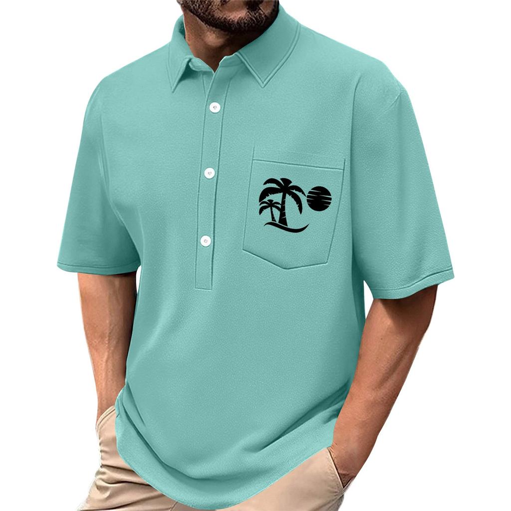 Men's Summer Solid Color Print Four-sided Stretch Lapel Button Pocket Shirt Casual Sports Short-sleeved Top