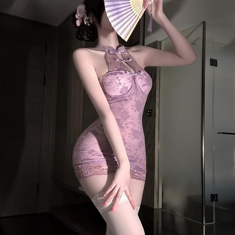 Erotic Lingerie New Neck Pan Lace Cheongsam Perspective Temptation Hip Skirt Sexy Pure Desire