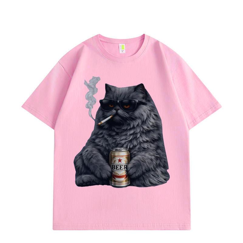 Funny Cat Smoking and Drinking Graphic T Shirts High Street Fashion Trend Short Sleeve T-shirt Men Women Cotton T-shirts