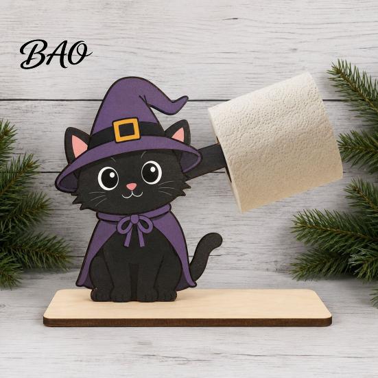 Spooky Bathroom Tissue Storage 2Pcs Halloween Paper Towel Holder, Cartoon Animal Tabletop Roll Dispenser, Wooden Stable Wood Support Stand for Kitchen