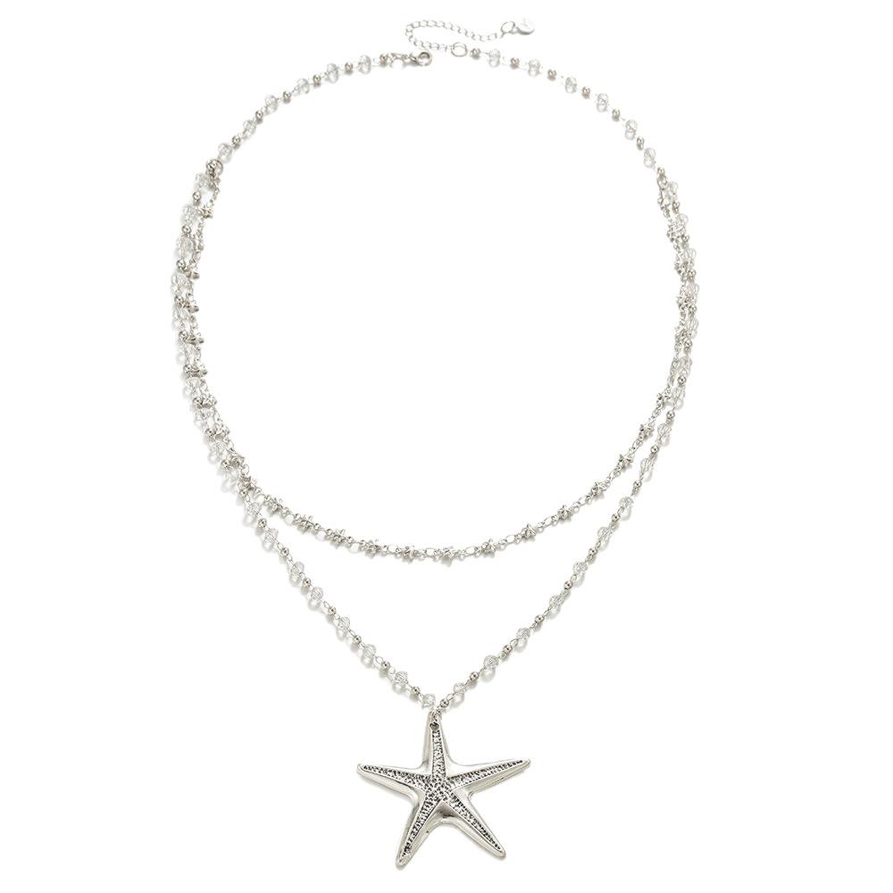 Minimalist Star Double Silver Starfish Beaded Necklace Long Sweet And Cool Spice Girl Style Accessories Women