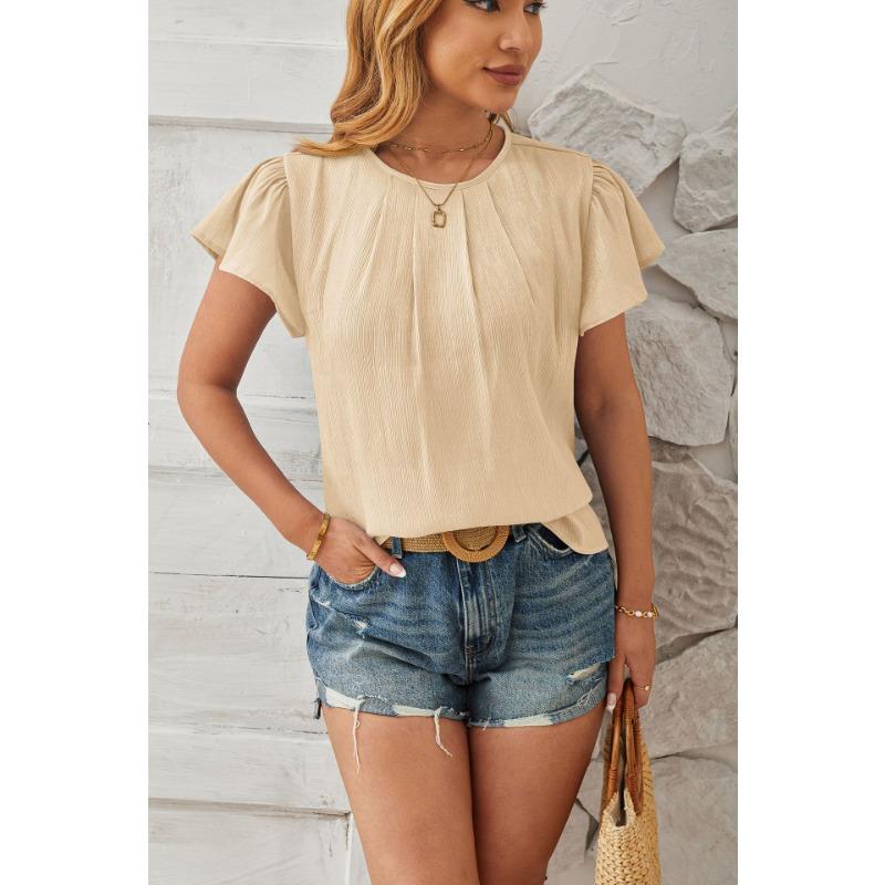 Sommer Neu Rundhals Mode Lässig Damen Bluse Kurzarm Büro Einfache Büro Oberteile Damenmode Elegant Einfarbig Locker Blütenblattärmel Hemd