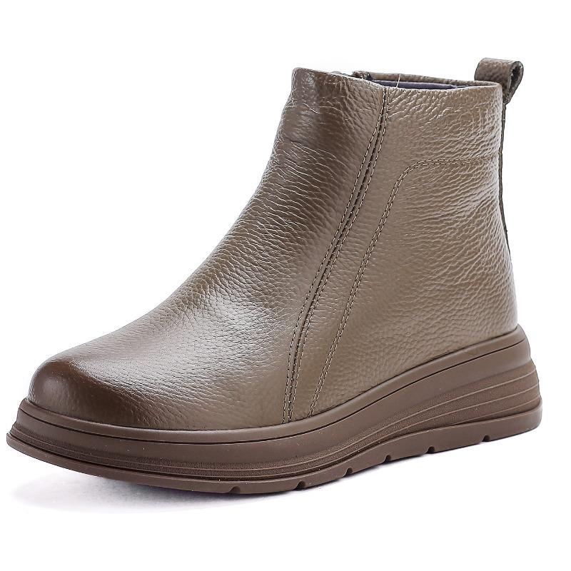 All Cowhide Wool Women's Boots Winter New Middle and Old Wedge Heel Mother Boots Retro Short Boots Platform Leather Cotton Shoes