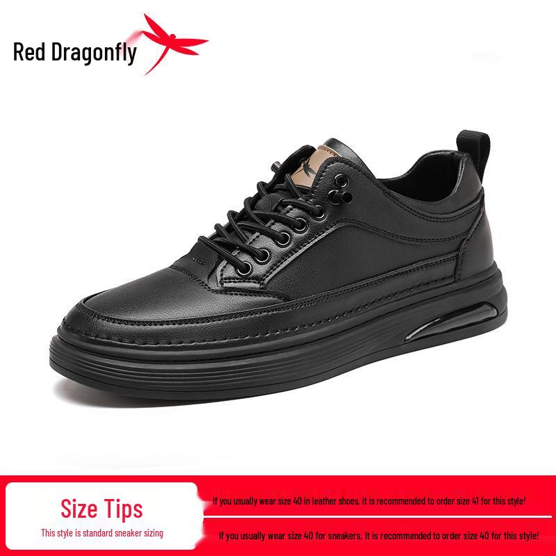 Red Dragonfly Men s Black Leather Low-Top Casual Shoes - Autumn 2025 British Style, Flat Bottom, Versatile for Travel Size 38 чёрный