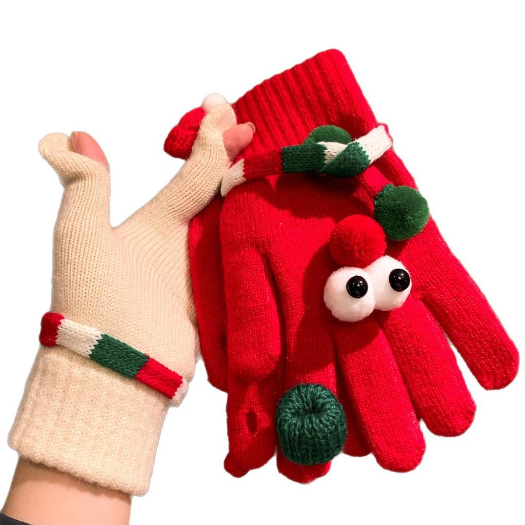 Funny and Cute Red Christmas Tree Big Eyed Gloves for Women In Winter Knitted Plush Warm Five Finger Windproof and Cold Proof