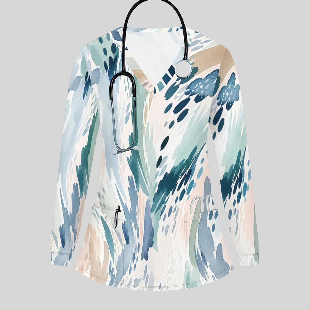 Women Plus Size Multicolor Printed V Neck Long Sleeve Scrub Top With Front Pockets