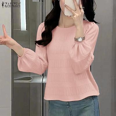Damen Lässig Rundhals Einfarbig Langarm Locker Bluse