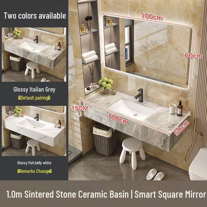 Modern Minimalist Sintered Stone Washbasin Set with Seamless Ceramic Sink, Bathroom Cabinet, and Mirror Storage Cabinet