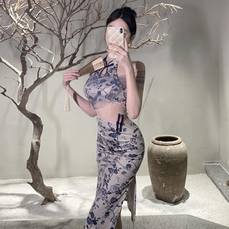 

Женское винтажное платье-чеонгсам с сетчатым кружевом и принтом S