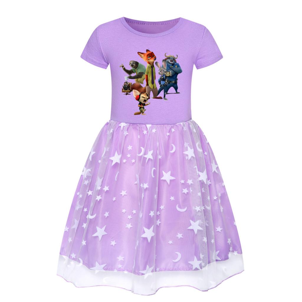 Rochie Casual din Bumbac cu Mâneci Scurte pentru Fete, cu Imprimeu Vulpe Iepure, Plasă Curcubeu, Gât Rotund