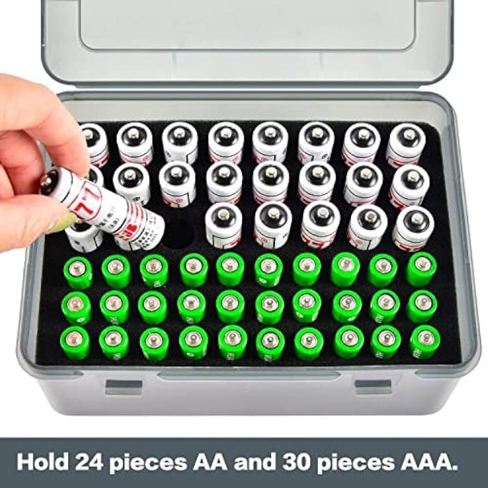 Practical Battery Organizer with Foam Groove Design, Transparent Box Stores 54 AA/AAA Batteries, Batteries Excluded