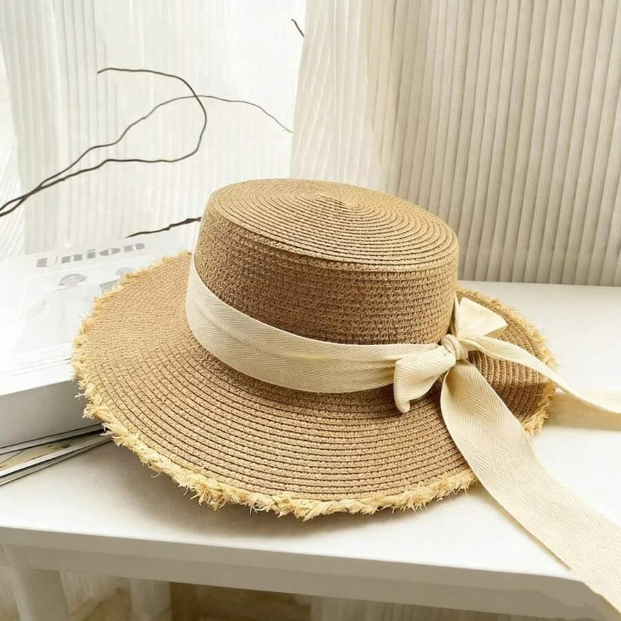 Womens Straw Sun Hat With Black Bow Decor Bohemian Beach Travel Hat
