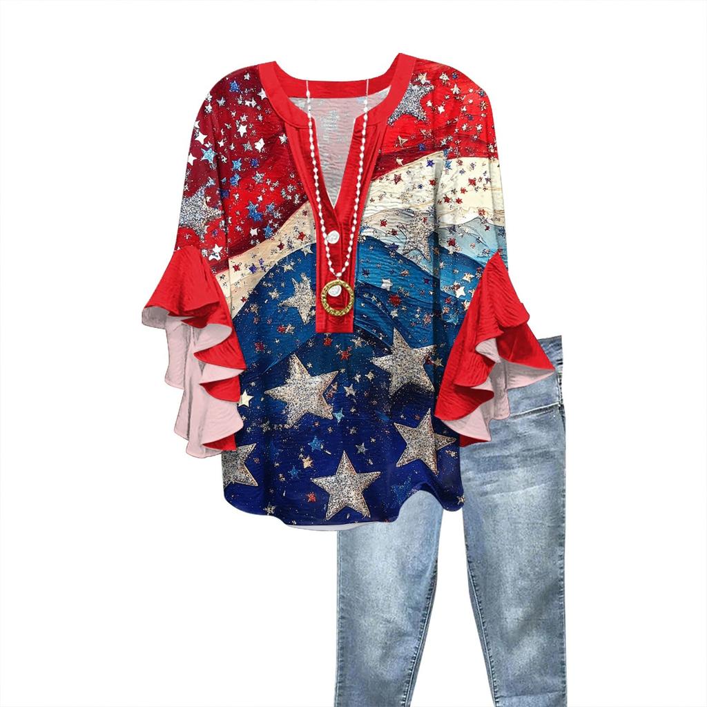 Summer Tops For Women Cute V Neck 3/4 Sleeve Blouses Print Top Casual Shirts