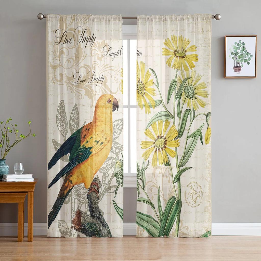 Parrot Bird Rose Flower Retro Sheer Curtains for Living Room Decoration Window Curtain Kitchen Tulle Voile Organza Drapes