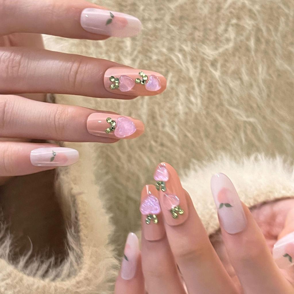 Fresh Pink Peach Gemstone Manicure Tips - New Xiaohongshu Style Wearable False Nails