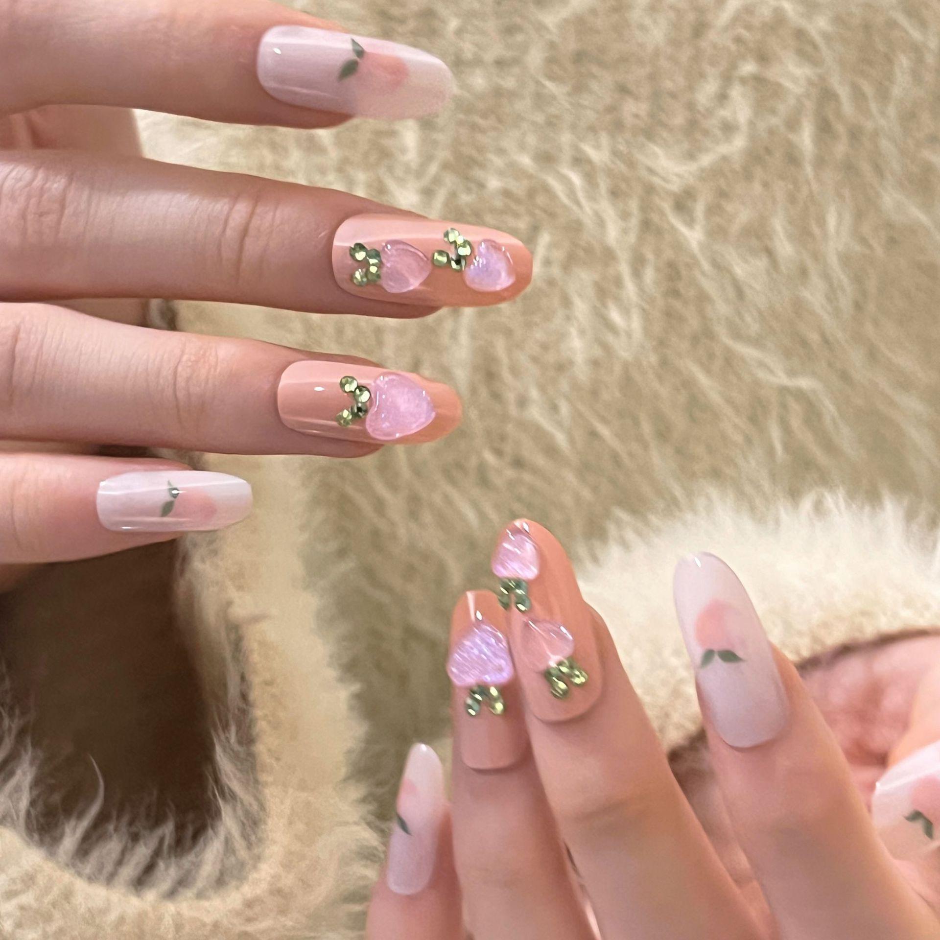 

Fresh Pink Peach Gemstone Manicure Tips - New Xiaohongshu Style Wearable False Nails JP3016 [Glue Version]