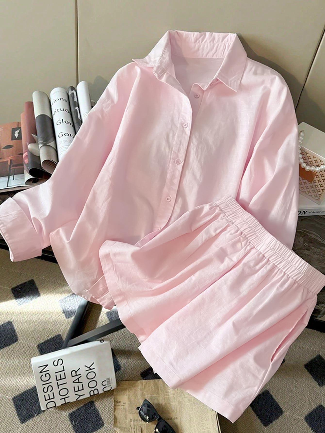 

Women Casual 2 Piece Set Button Down Shirt And Elastic Waist Shorts Loungewear S рожевий