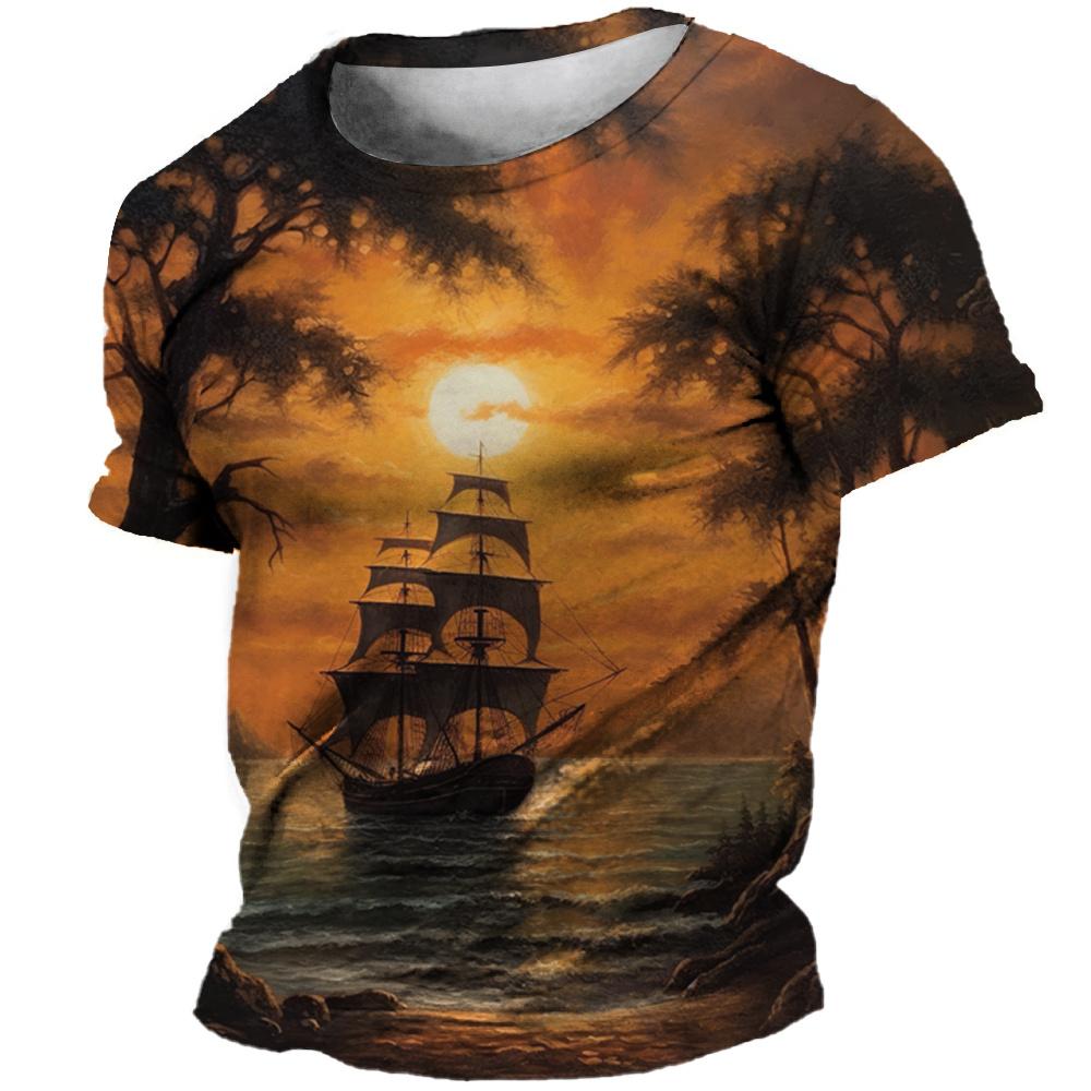 Vintage T-Shirts Guitar Sailboat 3D Printed Streetwear Men Short Sleeve T Shirt