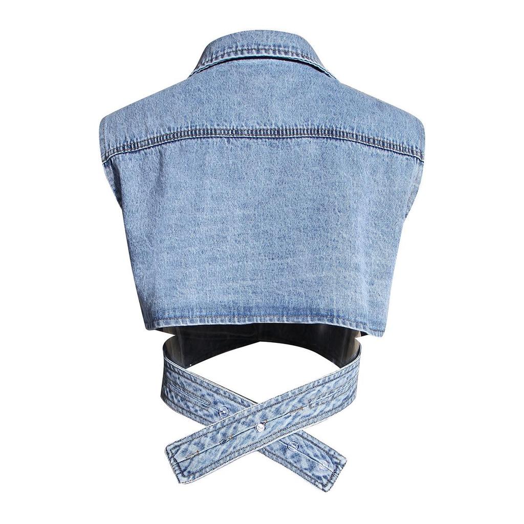 2024 Women's Two-Piece Fashion Set: Irregular Denim Vest with Puff Sleeve Shirt