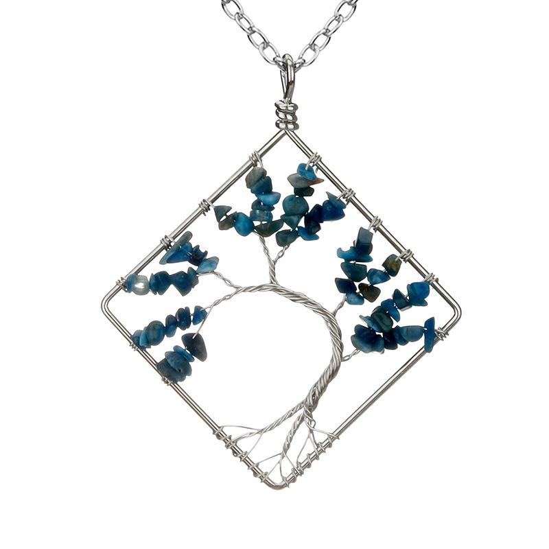 

Wrapped Colorful Natural Stone Crystal Square Curved Tree Of Life Pendant Necklace N08 Fresh And Sweet