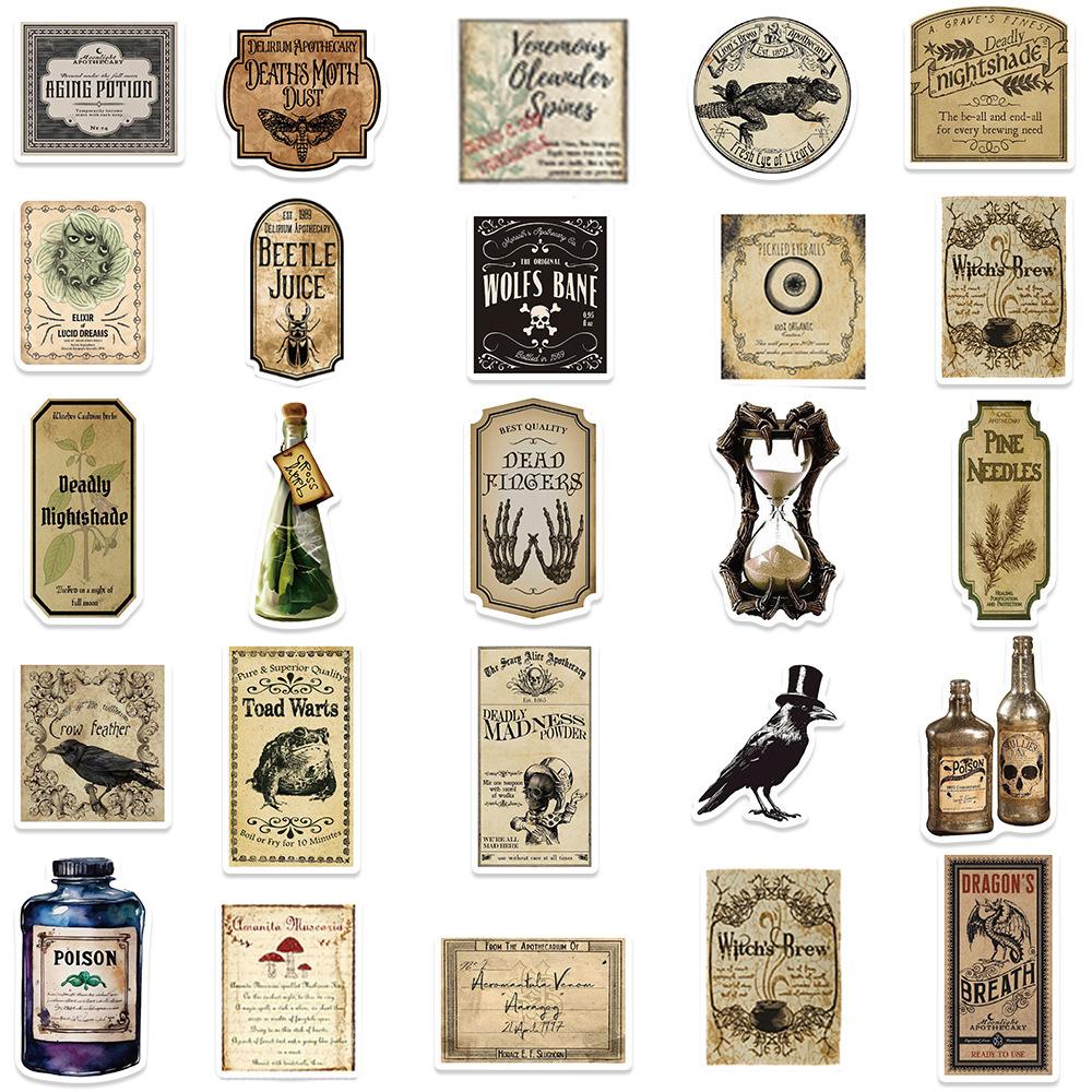 10/30/50/100pcs Gothic Potion Label Cartoon Stickers Retro Waterproof Decals DIY Guitar Notebook Phone Car Cool Cool Sticker Toy