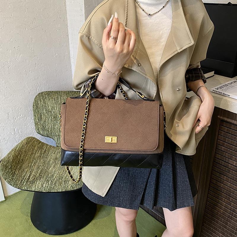 Textured matte portable lock diamond bag women's new autumn contrasting color chain single shoulder messenger bag tide