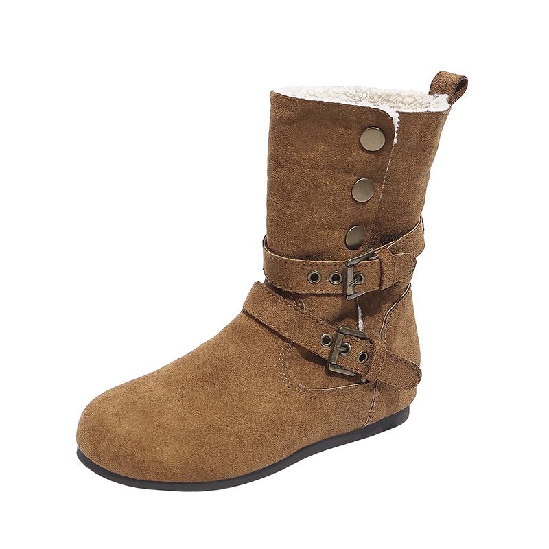 Plush Mid-Tube Boots Women Winter Suede Metal Buckle Warm Belt Buckle Flat Cotton Shoes