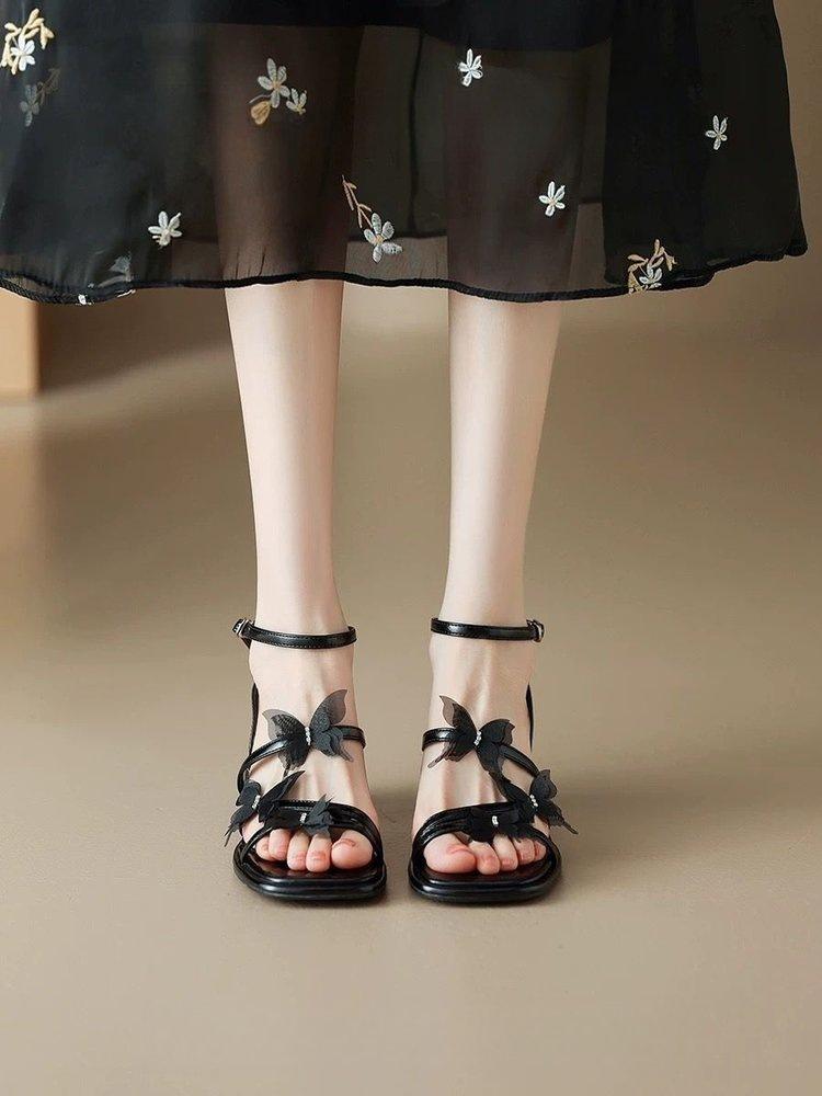 

Женские босоножки с бабочками, новые летние красивые, под юбку, на высоком толстом каблуке, обувь с ремешком и пряжкой 40 чёрный