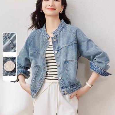 Chaqueta Corta de Mezclilla Lavada Retro para Mujer Otoño Primavera Cuello Alto Pequeña Manga Larga